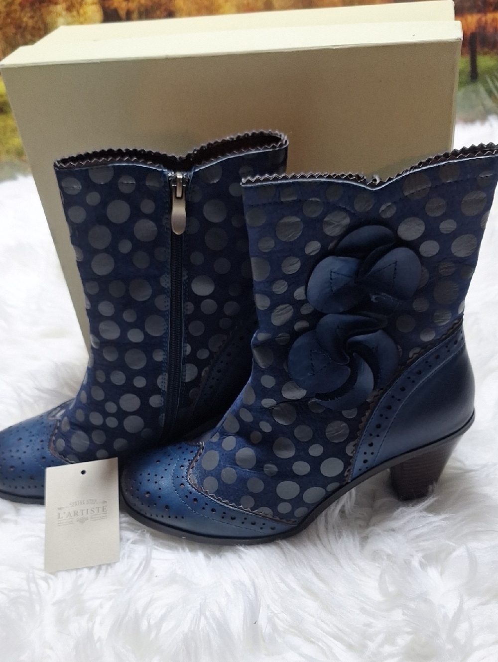 L'ARTISTE Navy Polka Dot Ankle Boots with Floral Appliqué